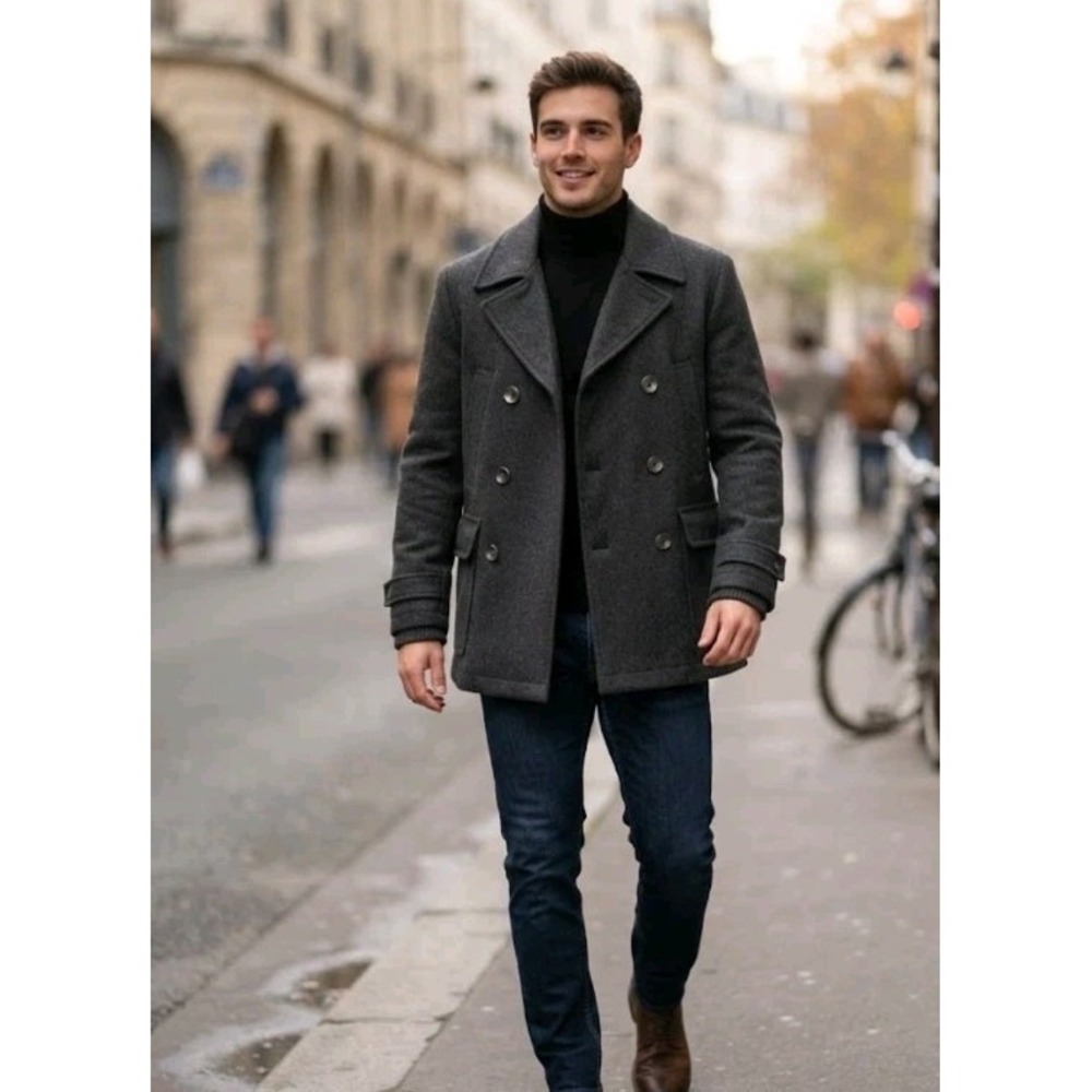 Guess Jeans Mens Wool Blend Pea Coat Gray Double Breasted Jacket Size S Vintage